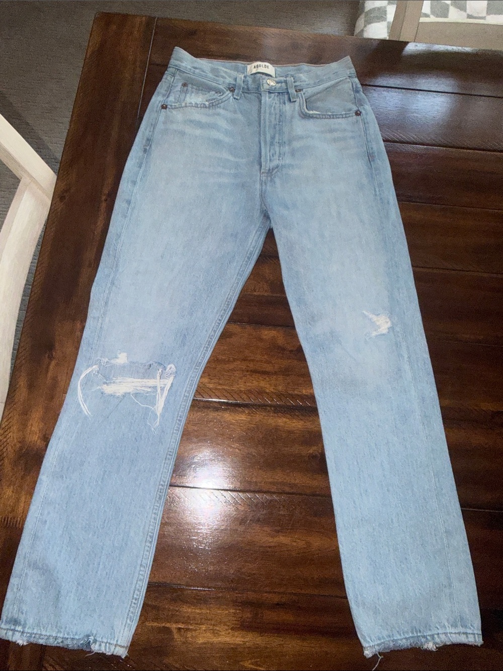 Agolde Light Blue Slim Straight Distressed Jeans